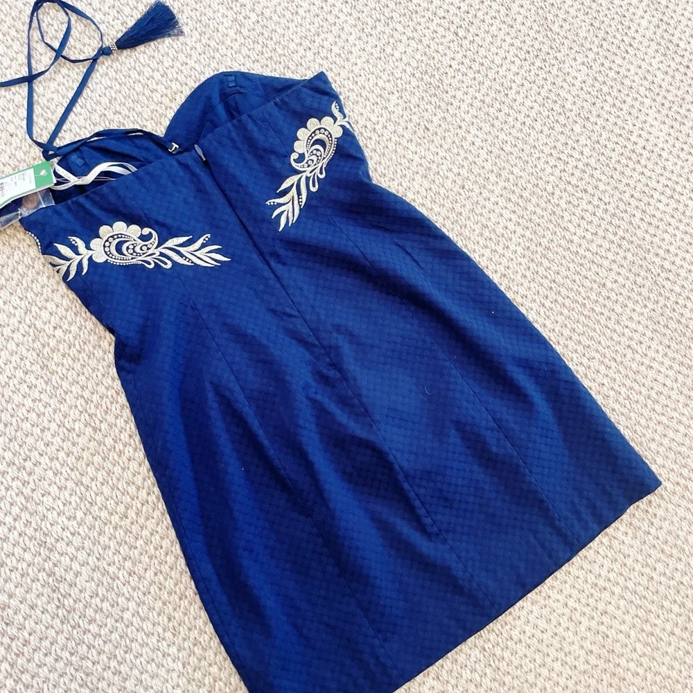 NWT Lilly Pulitzer DEMI CONVERTIBLE DRESS True Navy Embroidered Gold 2 - Picture 9 of 11